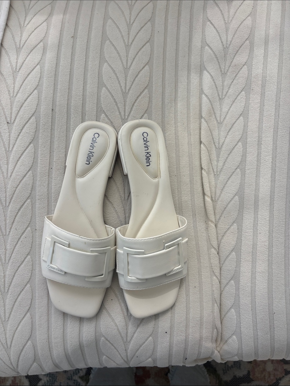 Calvin Klein White Buckle Slide Mules
